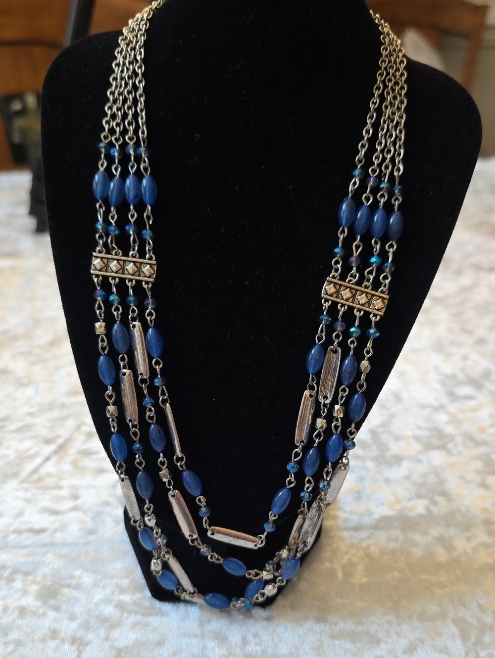 Layered Blue Bead Colorful Multi-Strand Necklace w Silver-Tone Accents